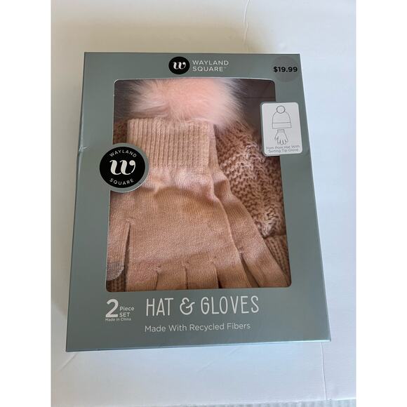 NIB Wayland Square Pink Knit Hat Glove 2 Piece Set Pom Pom Hat Texting Gloves - Picture 1 of 6
